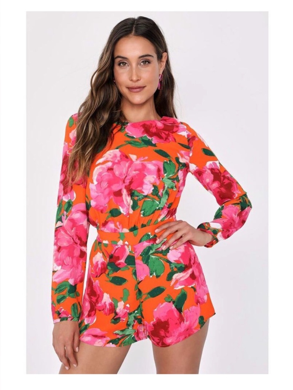 Lulus Sweetest Song Orange Floral Print Backless Long Sleeve Romper NWT Large
